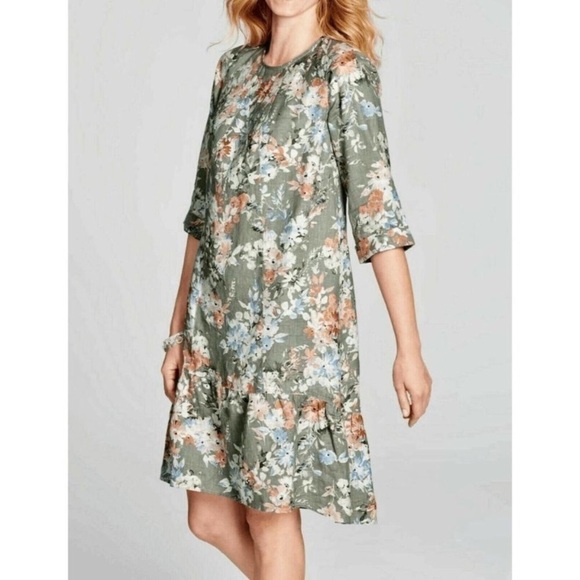 J. Jill Dresses & Skirts - J. Jill 100%  Linen  Floral Ruffle Hem 3/4 long sleeves Crew Neck Relaxed Dress